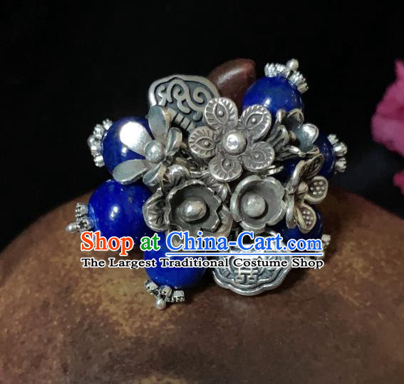 Chinese Handmade Ethnic Lapis Beads Ring National Wedding Silver Plum Circlet Jewelry