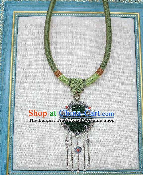 Handmade Chinese Jadeite Necklace Accessories National Silver Tassel Necklet Pendant