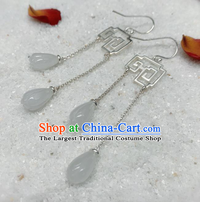 China National Silver Earrings Jewelry Traditional Cheongsam Jade Mangnolia Tassel Ear Accessories
