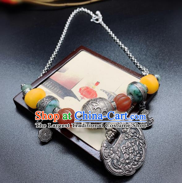 Handmade Chinese National Silver Lock Wristlet Accessories Wedding Agate Beeswax Bracelet