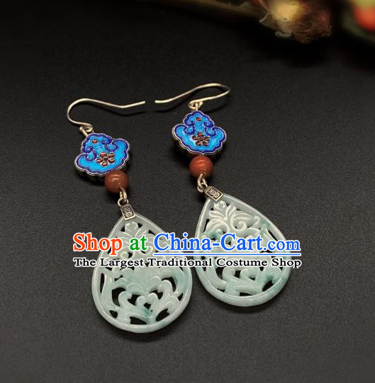 China Traditional Blueing Ear Accessories National Cheongsam Jade Carving Lotus Earrings Jewelry
