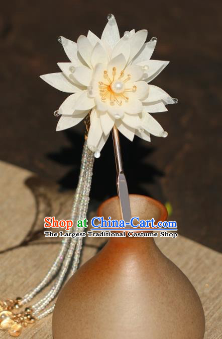 China Hanfu Beads Tassel Hair Stick Classical Hair Accessories Traditional Song Dynasty Princess White Epiphyllum Hairpin