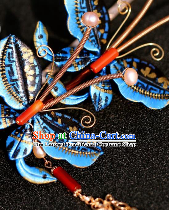 China Traditional Ming Dynasty Princess Tassel Hairpin Hair Accessories Classical Hanfu Blue Butterfly Hair Stick