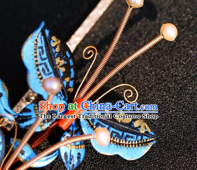 China Traditional Ming Dynasty Princess Tassel Hairpin Hair Accessories Classical Hanfu Blue Butterfly Hair Stick