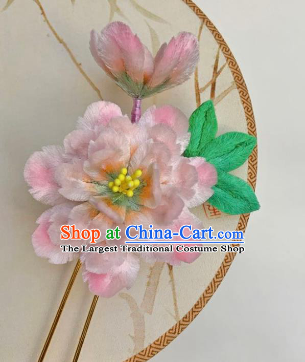 Traditional China Classical Pink Velvet Peony Hairpin Ancient Qing Dynasty Empress Hair Stick