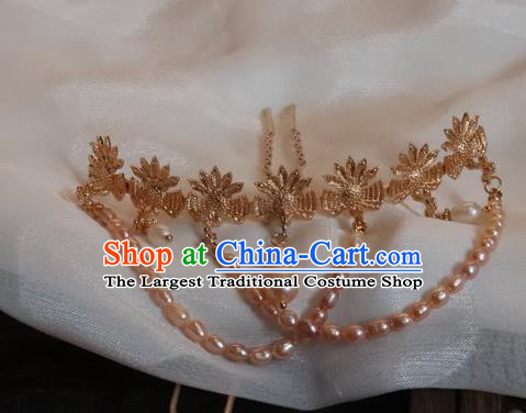 China Ancient Palace Empress Pearls Hairpin Traditional Ming Dynasty Golden Phoenix Hair Stick