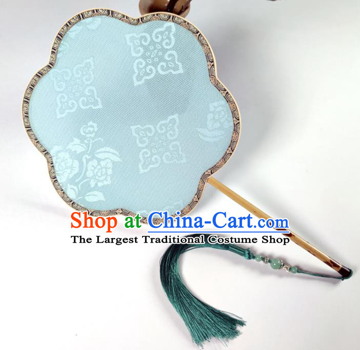 Chinese Traditional Hanfu Fan Palace Fan Handmade Jacquard Blue Silk Begonia Fan