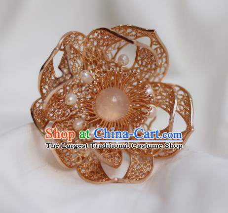 China Ancient Princess Pearls Hairpin Traditional Ming Dynasty Golden Flower Hair Stick