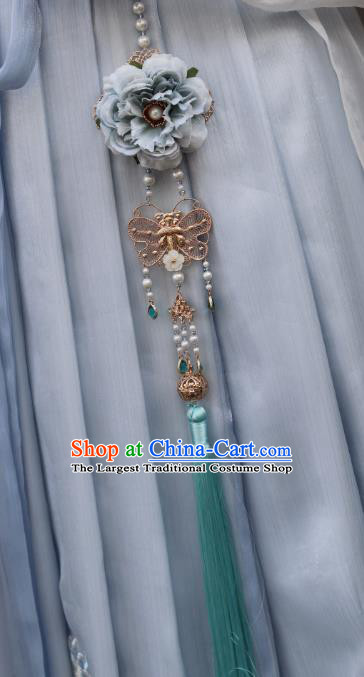 Handmade Chinese Blue Peony Waist Accessories Traditional Green Tassel Pendant