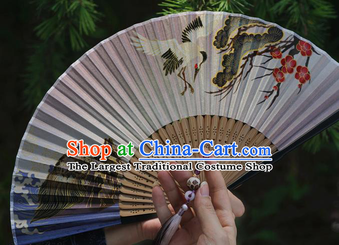Chinese Traditional Silk Fan Bamboo Accordion Printing Crane Plum Folding Fan