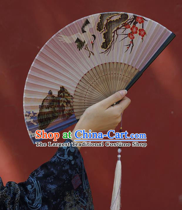 Chinese Traditional Silk Fan Bamboo Accordion Printing Crane Plum Folding Fan