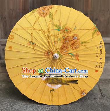 China Traditional Yellow Oil Paper Umbrella Handmade Classical Painting Flowers Bird Umbrellas