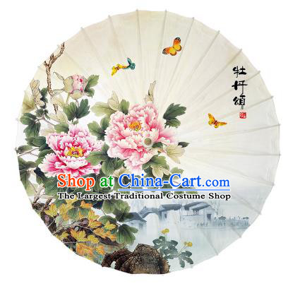 China Handmade Classical Dance Painting Peony Umbrellas Traditional White Oil Paper Umbrella