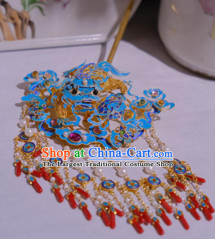 Chinese Traditional Blueing Lion Hair Jewelry Ancient Ming Dynasty Empress Tassel Hairpin Agate Accessories