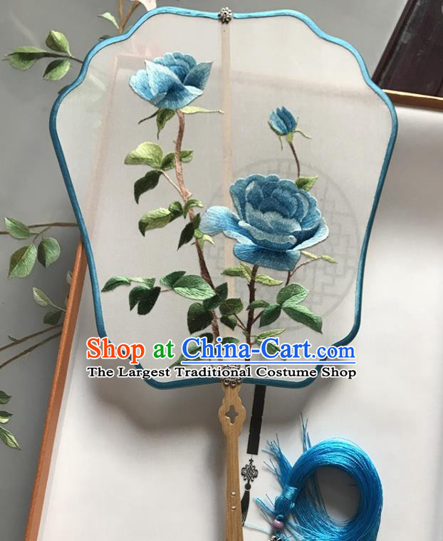 Chinese Classical Dance Palace Fan Handmade Embroidered Blue Rose Silk Fan Traditional Ancient Princess Fan