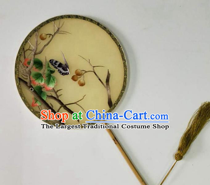 Chinese Handmade Embroidered Butterfly Yellow Silk Fan Traditional Hanfu Circular Fan Cultural Dance Palace Fan