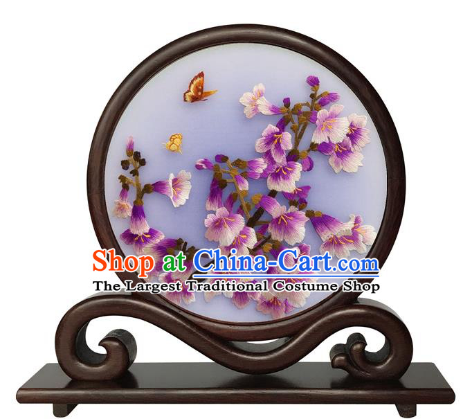 Chinese Double Side Embroidered Table Ornament Handmade Suzhou Embroidery Purple Flowers Desk Screen