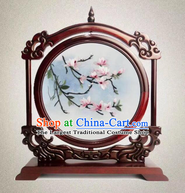 Chinese Embroidered Mangnolia Table Ornament Handmade Suzhou Embroidery Desk Screen