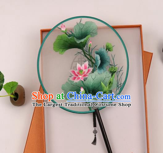 Chinese Handmade Silk Circular Fan Traditional Hanfu Fan Suzhou Embroidered Lotus Palace Fan