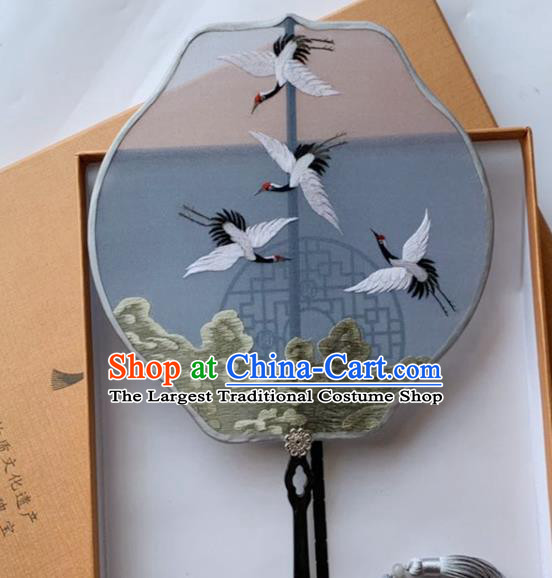 Chinese Traditional Hanfu Fan Ancient Princess Blue Silk Fan Handmade Embroidered Cranes Palace Fan