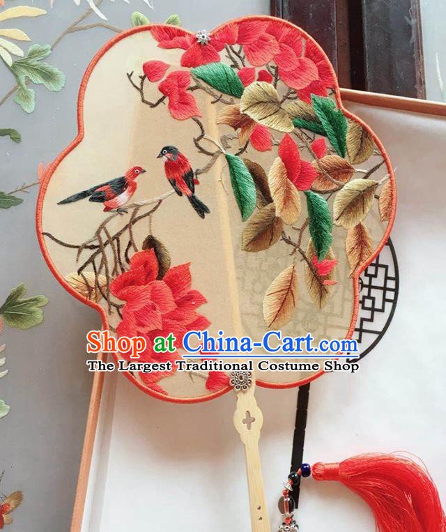 Chinese Handmade Embroidered Red Leaf Birds Palace Fan Traditional Hanfu Fan Classical Dance Silk Fan
