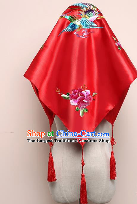 Chinese Classical Wedding Headdress Red Satin Kerchief Traditional Embroidered Phoenix Peony Bridal Veil