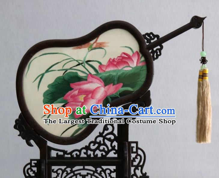 Chinese Traditional Double Side Embroidered Lotus Table Screen Handmade Rosewood Carving Gourd Desk Decoration