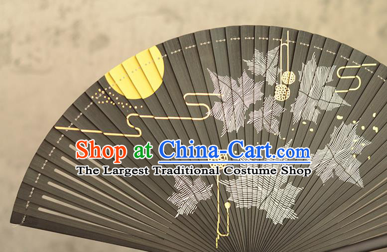 Chinese Handmade Black Bamboo Fan Traditional Folding Fan Printing Maple Leaf Accordion