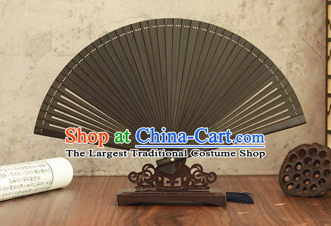 Chinese Handmade Black Bamboo Fan Traditional Folding Fan Printing Maple Leaf Accordion