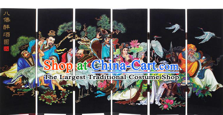 Chinese Handmade Lacquerware Black Table Screen Traditional Eight Immortals Drunkened Painting Folding Screen