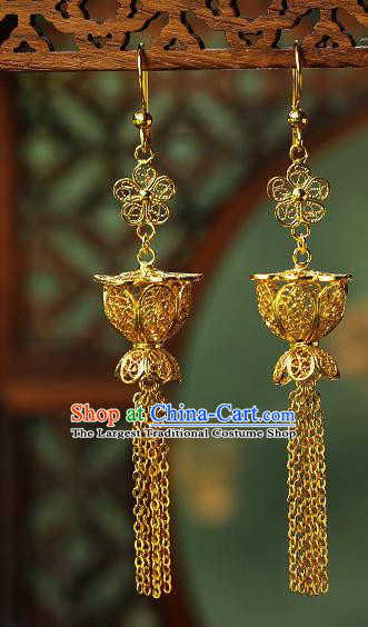 Chinese Traditional Filigree Earrings Ancient Imperial Consort Golden Lantern Tassel Ear Accessories