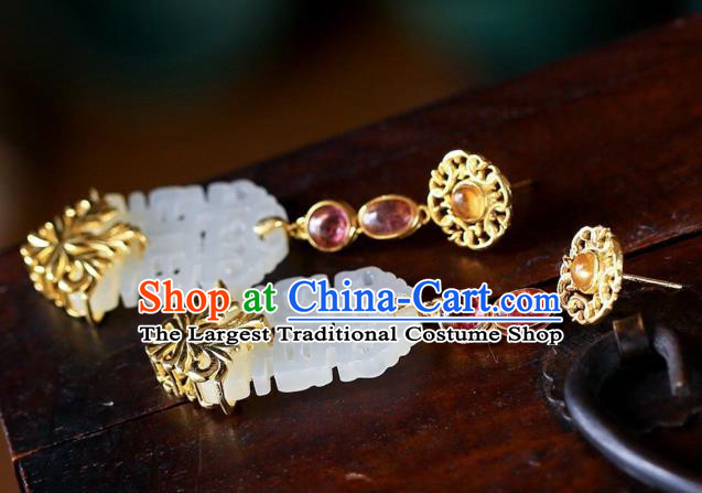 Chinese Handmade Wedding Ear Accessories Traditional Cheongsam White Jade Earrings