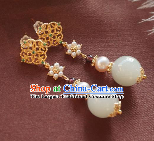 Chinese National Jade Ear Accessories Handmade Traditional Cheongsam Pearls Golden Earrings
