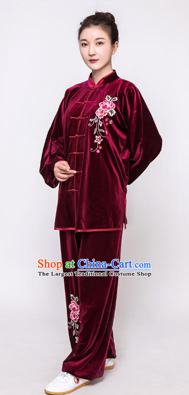 China Traditional Embroidered Rose Kung Fu Uniforms Martial Arts Clothing Tai Chi Training Wine Red Velvet Costumes