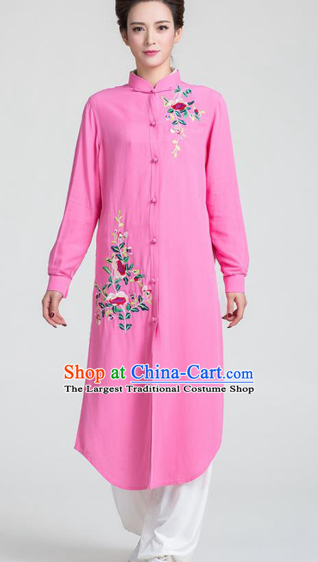 China Tai Chi Training Clothing Traditional Kung Fu Embroidered Rosy Long Gown