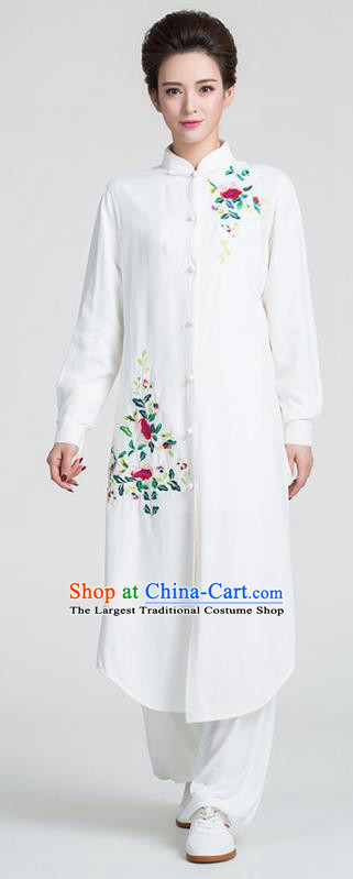 China Traditional Kung Fu Embroidered White Flax Dust Coat Tai Chi Training Clothing