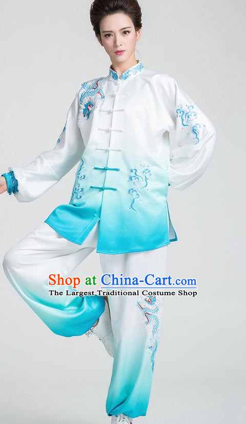 China Tai Chi Stage Performance Clothing Traditional Kung Fu Embroidered Cloud Dragon Blue Uniforms