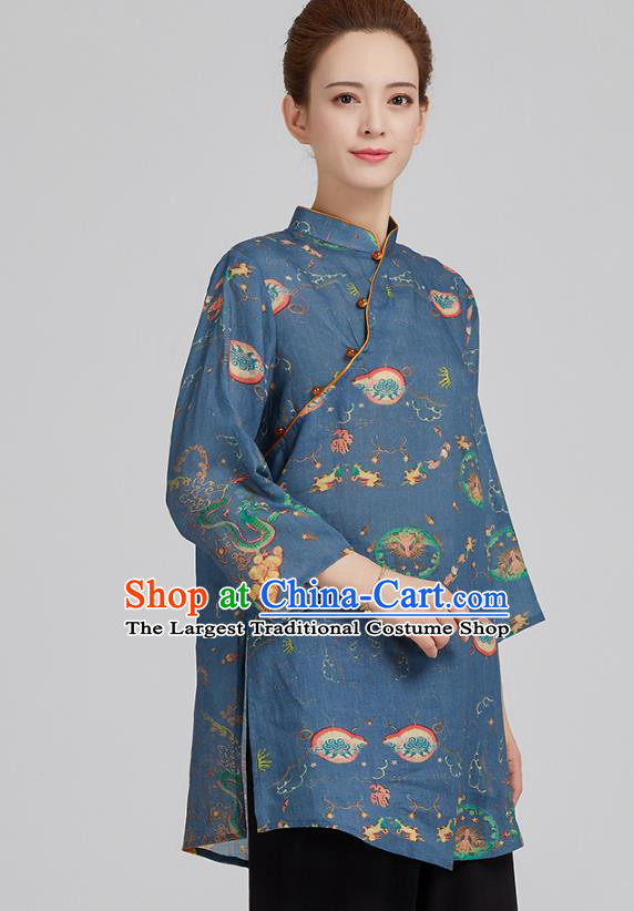 China Tai Chi Clothing Tang Suit Printing Navy Flax Shirt Kung Fu Costume
