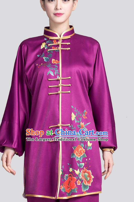 China Tai Chi Training Clothing Traditional Martial Arts Printing Rose Purple Satin Uniforms