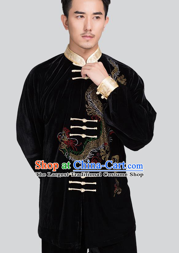 Chinese Men Kung Fu Uniforms Traditional Tai Chi Black Pleuche Costumes