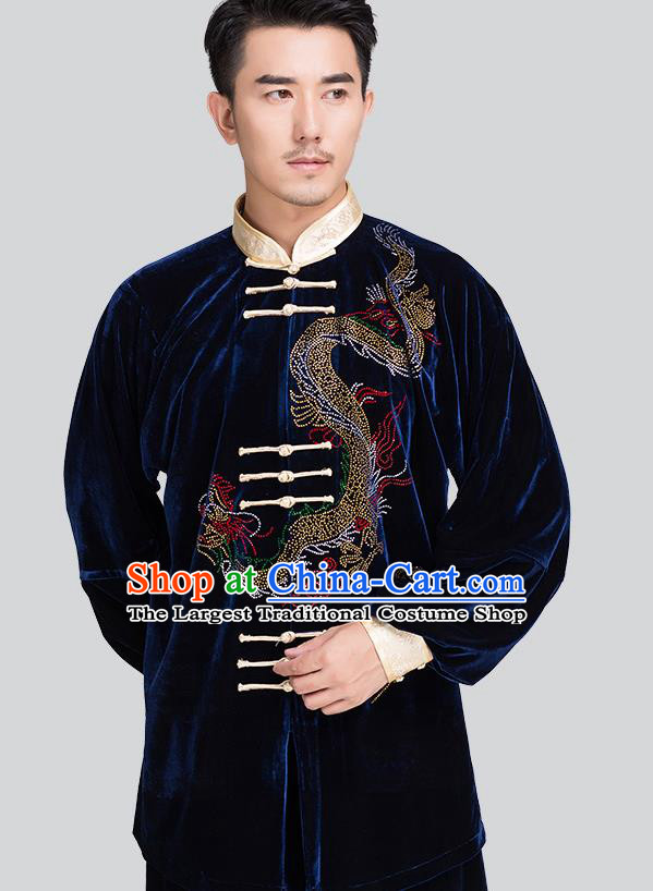 Chinese Traditional Tai Chi Navy Pleuche Costumes Men Kung Fu Uniforms