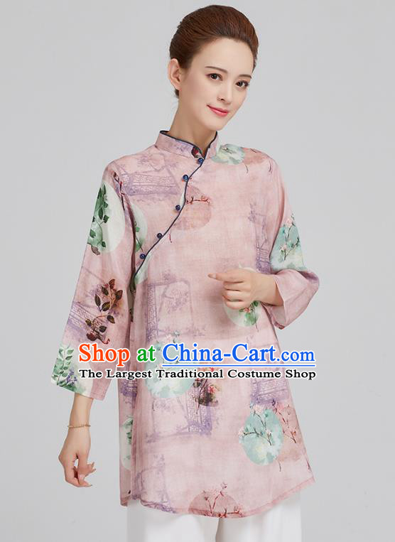China Tai Chi Upper Outer Garment Top Kung Fu Costume Tang Suit Printing Mangnolia Light Pink Flax Shirt