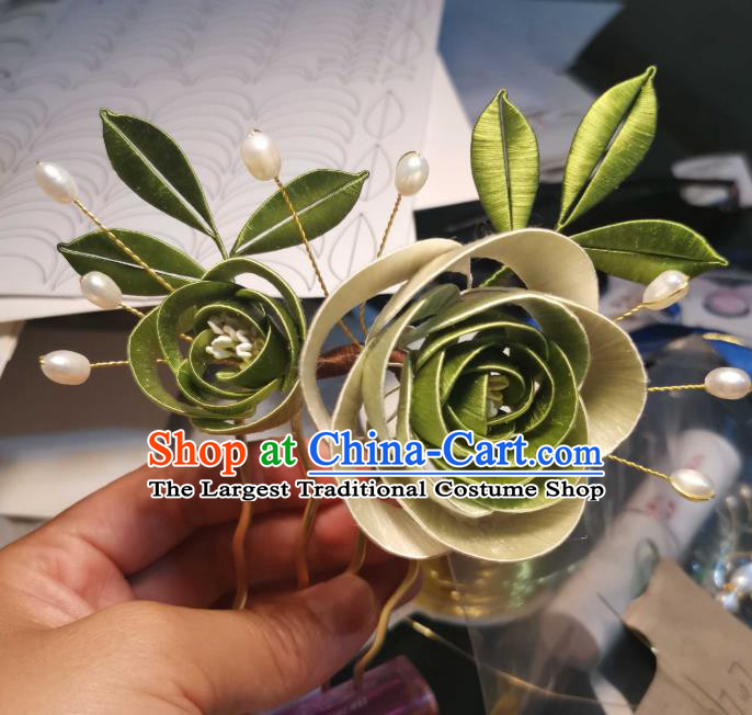 Chinese Ancient Song Dynasty Princess Green Silk Rose Hair Comb Handmade Hairpin Traditional Hair Jewelry