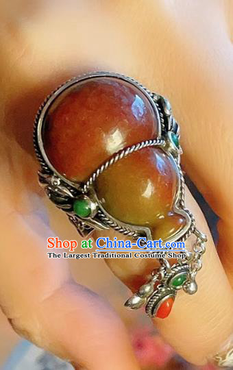 Chinese National Silver Ring Jewelry Traditional Handmade Jadeite Gourd Circlet Accessories