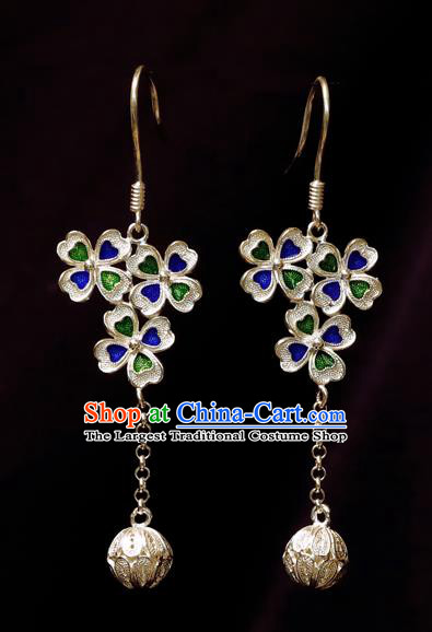 Chinese Traditional Handmade Silver Four Leaf Clover Earrings Accessories National Enamel Ear Jewelry