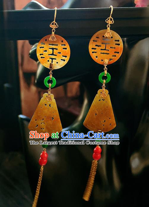 Chinese National Wedding Earrings Traditional Jewelry Handmade Jadeite Tassel Ear Accessories