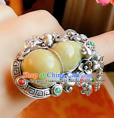 Top Chinese National Jadeite Gourd Ring Jewelry Traditional Handmade Accessories Silver Circlet
