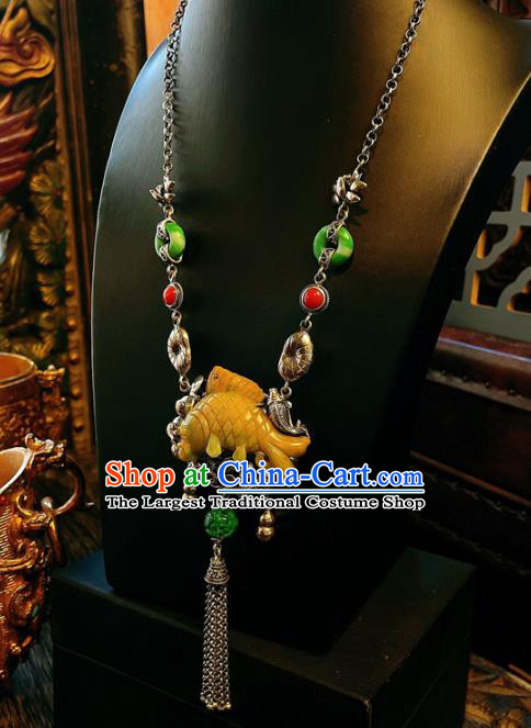 China Traditional Yellow Jade Carp Necklace Accessories Handmade Silver Tassel Necklet Pendant