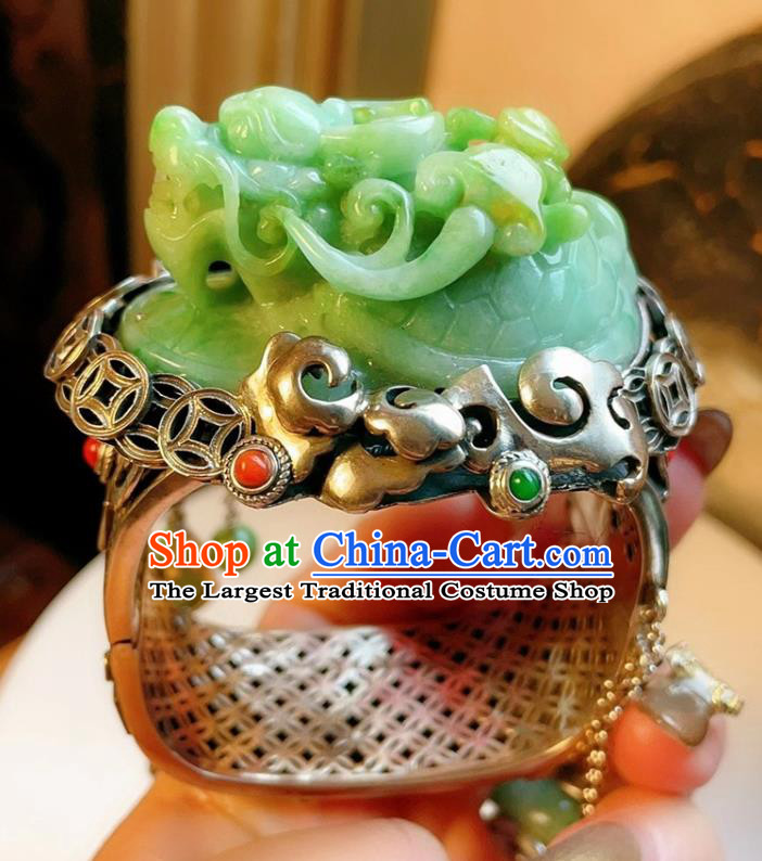 Handmade Chinese National Jade Carving Dragon Bracelet Accessories Traditional Culture Jewelry Silver Bangle