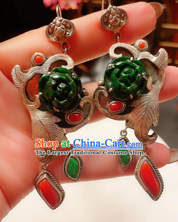 Chinese National Agate Silver Earrings Traditional Jewelry Handmade Wedding Jadeite Rose Ear Accessories